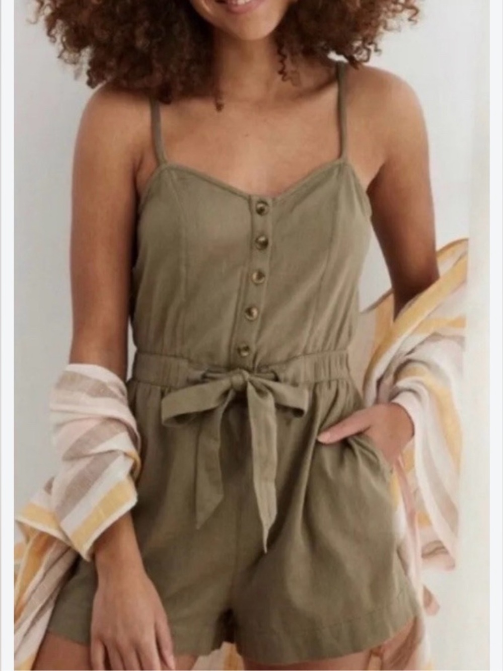 aerie Olive Button-Front Tie-Waist Linen Romper
